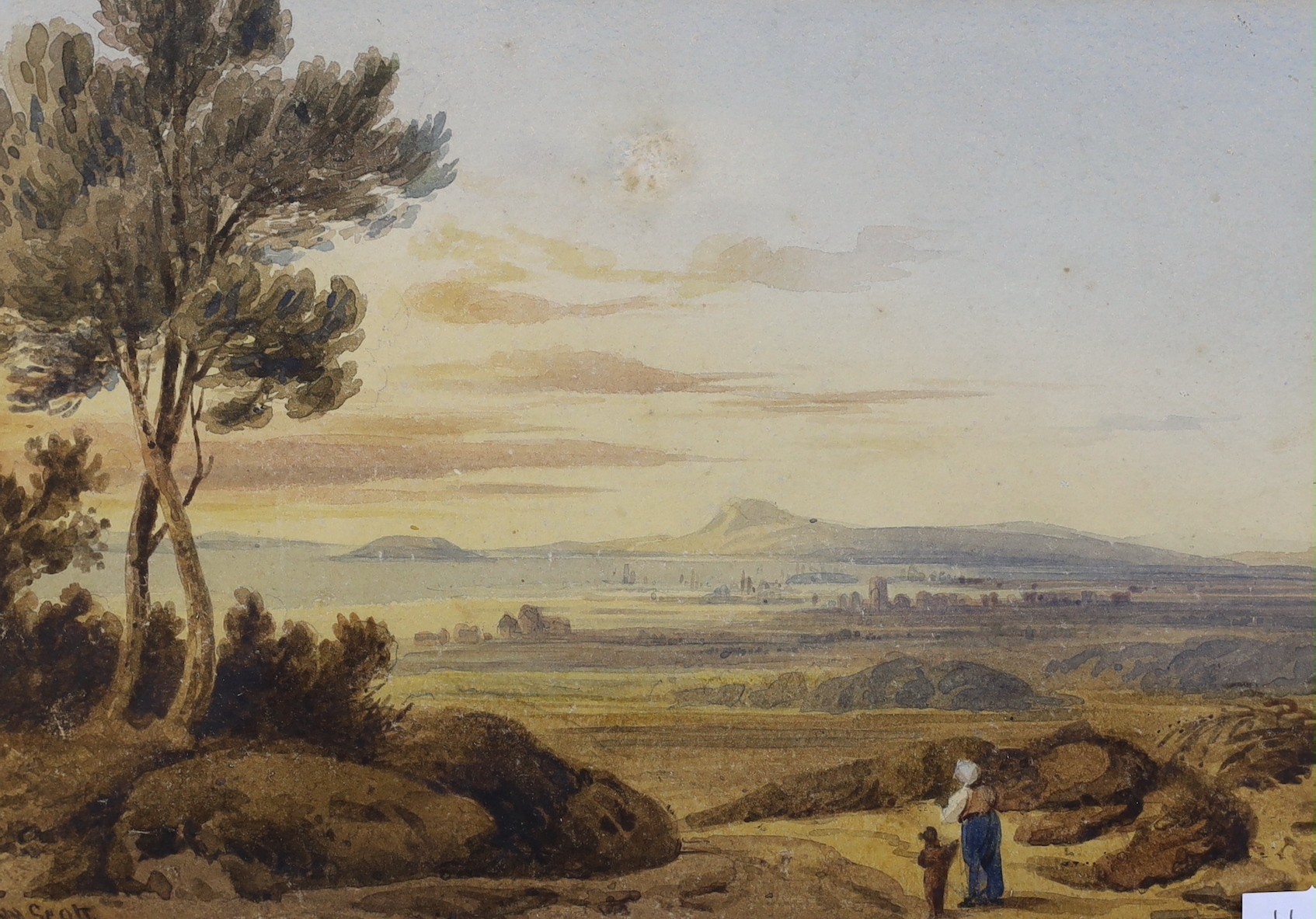 William Henry Stothard Scott of Brighton (1783-1850), watercolour, A distant view of Cardiff with figures in foreground, signed, 17 x 24cm